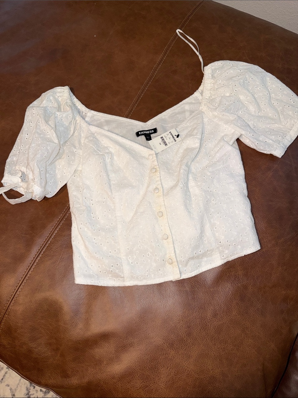 Express White Eyelet Puff-Sleeve Button Crop Top